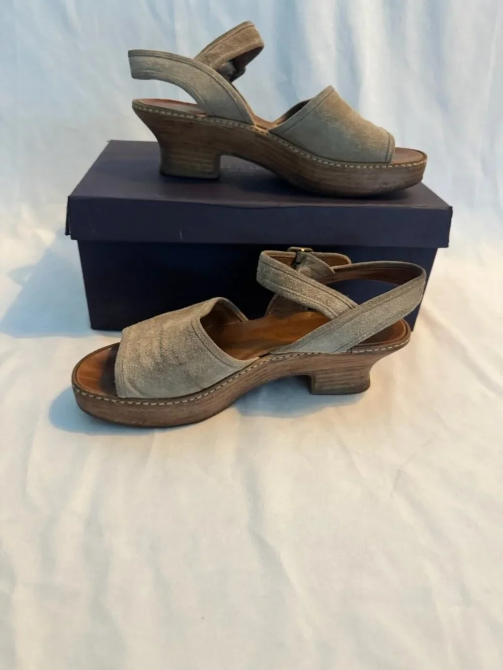 PRADA Milano Beige Suede Platform Wedge Sandals Ankle Strap 37.5 With Box